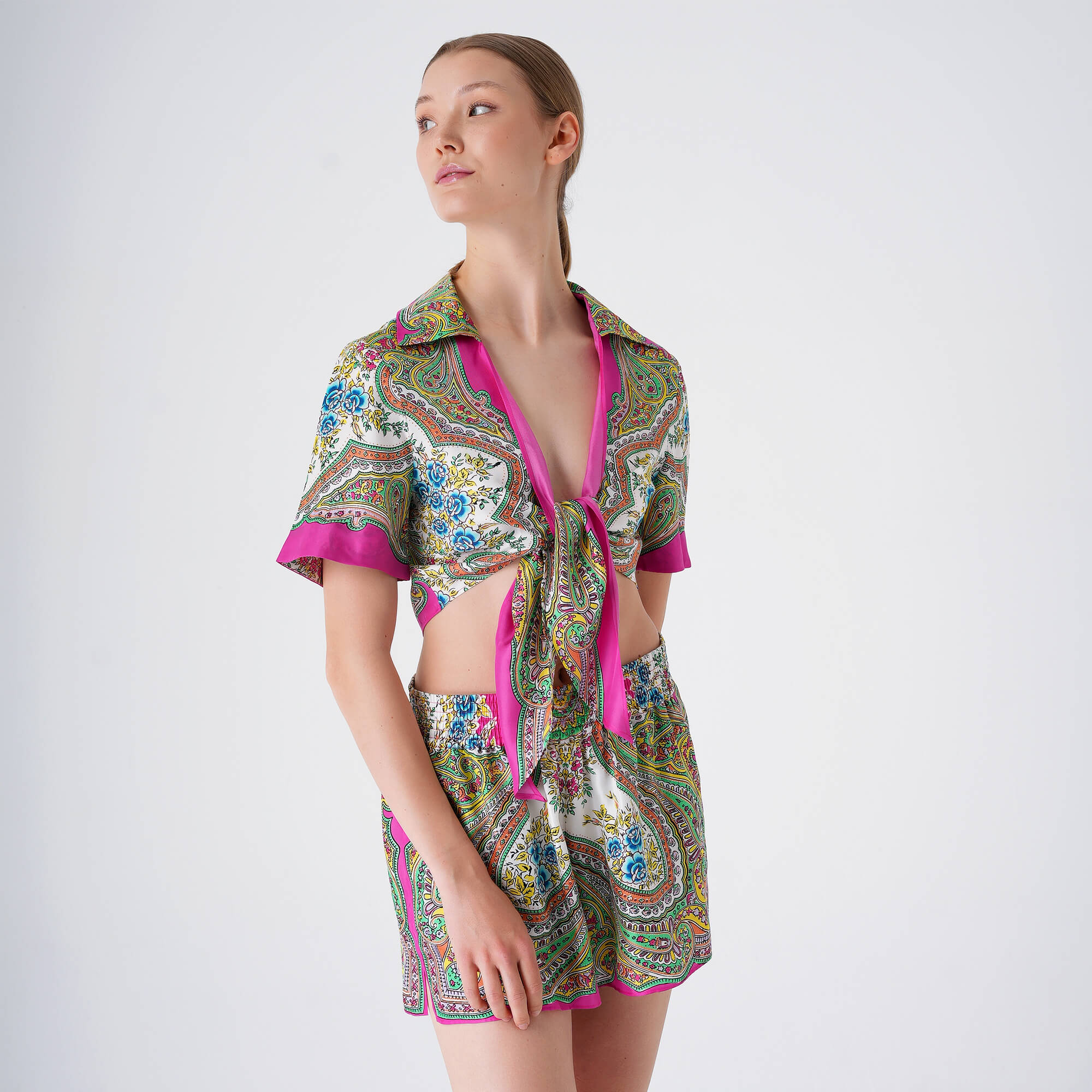 Etro - Pink & Multicolor Paisley Silk Top & Short Suit